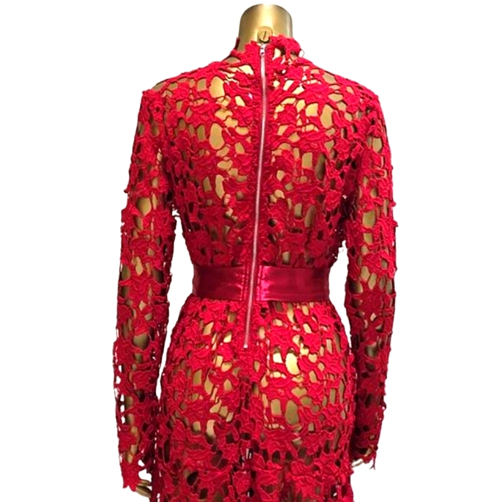 Laser Cut Red Crochet Sexy Cocktail Dress Long Sleeve Beetlejuice High Waist - Picture 6 of 11